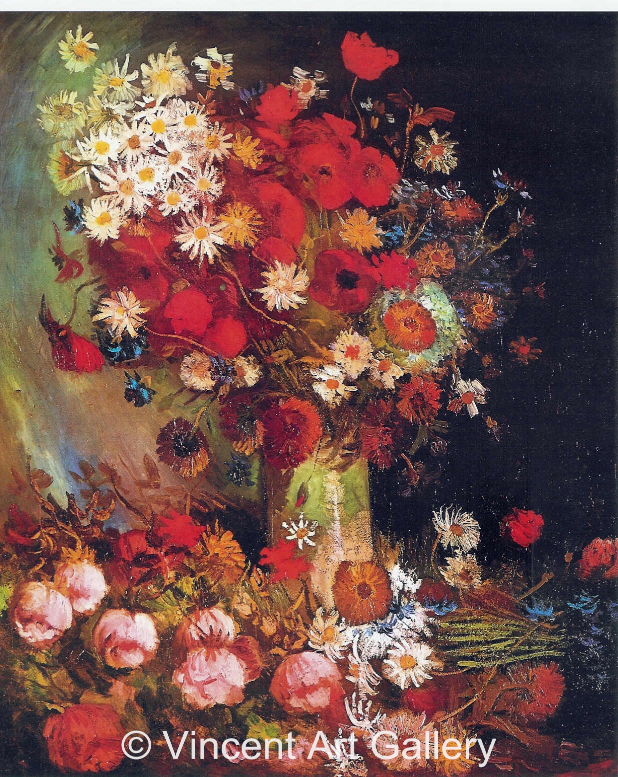 JH1103, Vase with Poppies, Cornflowers, Peonies and Chrysanthemums